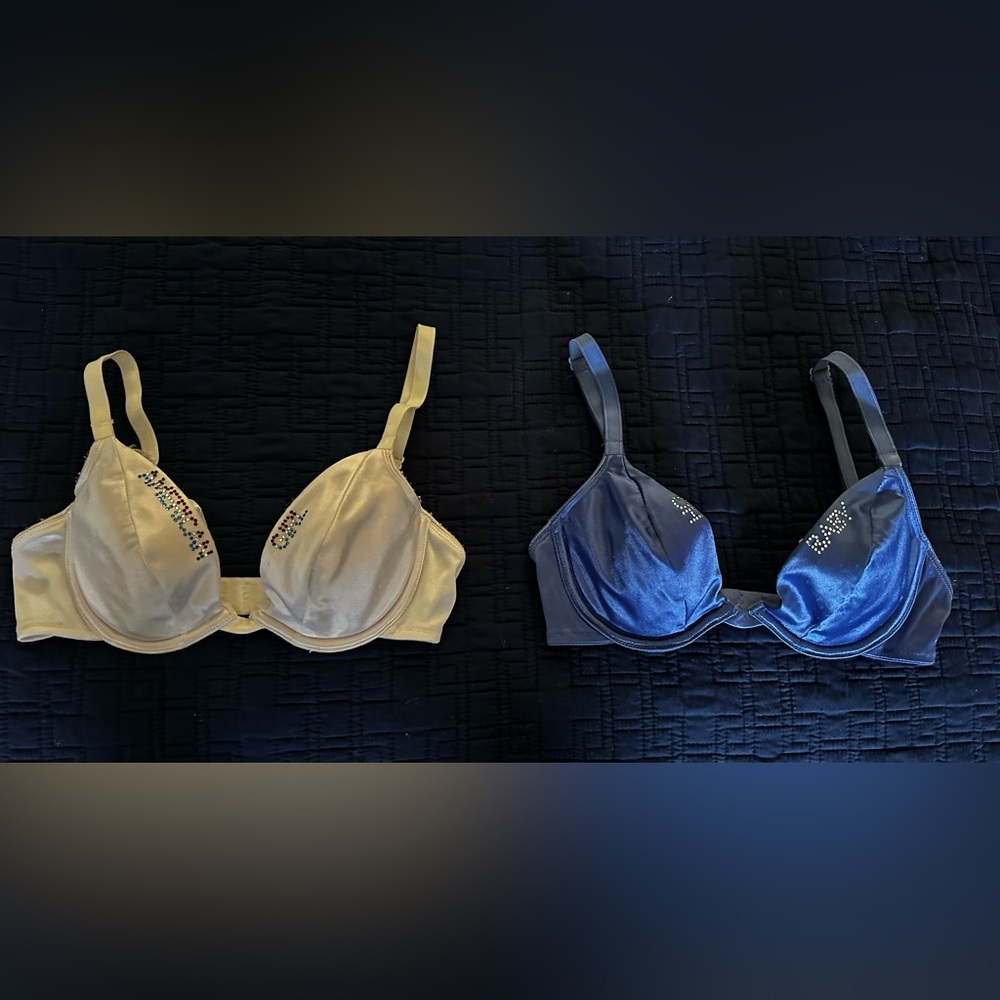 Victoria’s Secret Rhinestoned Personalized Set of Two Bras- Blue & White -SZ 32B